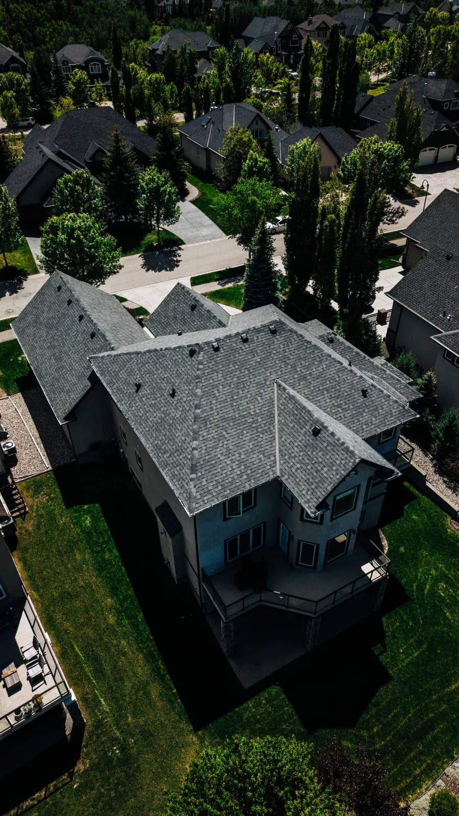 Drone view of a finished roof on a Calgary home