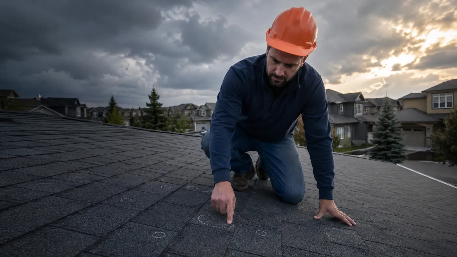 Calgary Roofing Pro inspector marking hail-damaged shingles on a roof in SE Calgary at dusk