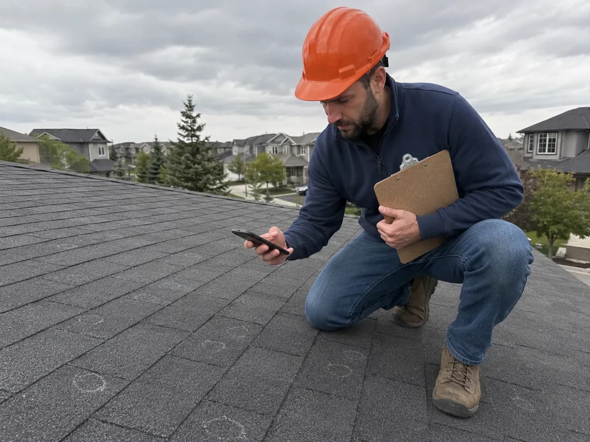Calgary Roofing Pro inspector documenting hail damage with photos and a written report