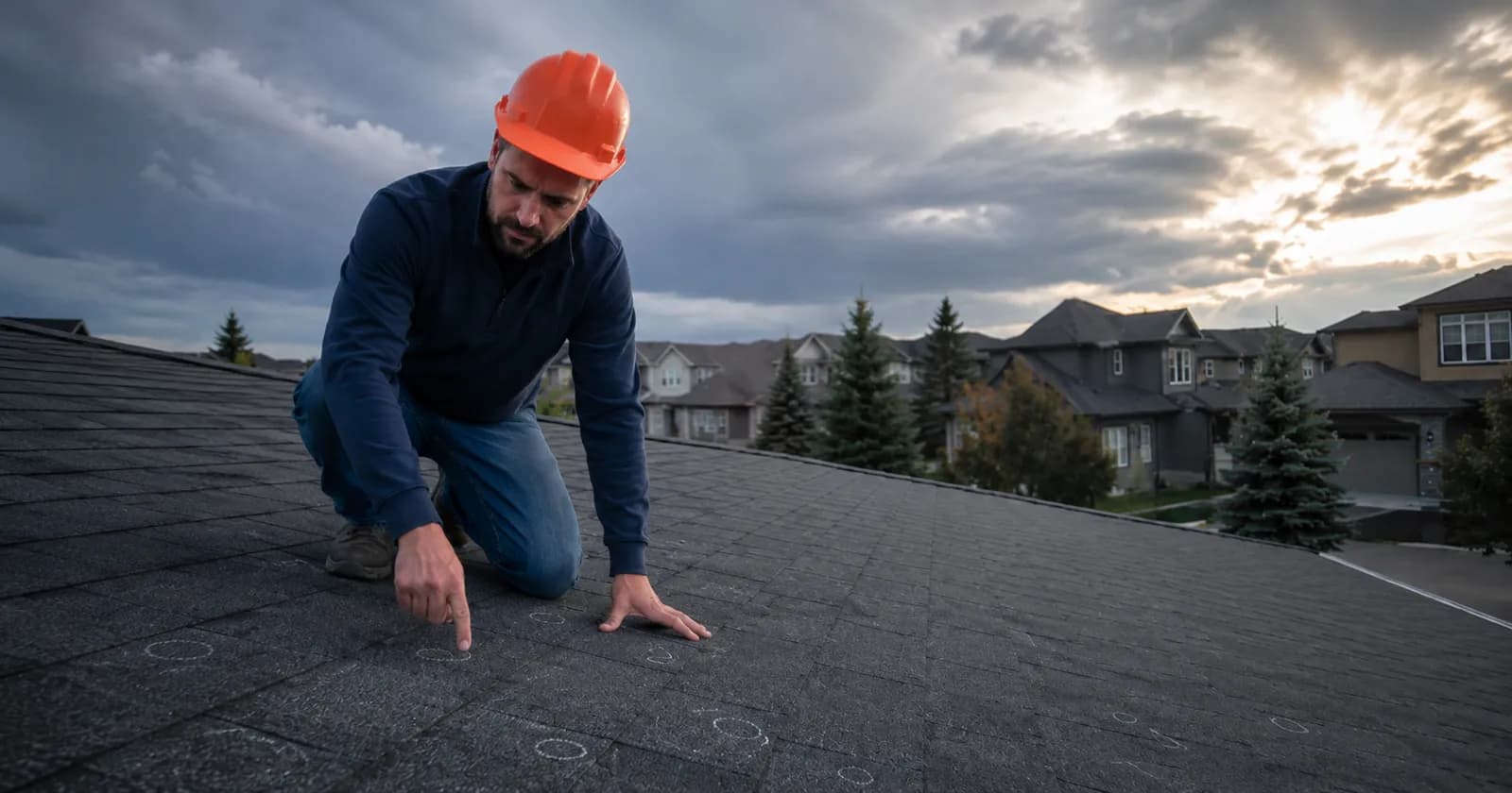 Calgary Roofing Pro inspector checking a hail-damaged roof at dusk in a Calgary neighbourhood